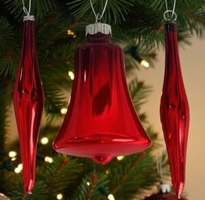 Vintage MCM Red Mercury Glass Christmas Ornaments 3pc Icicles Bell 3" Good